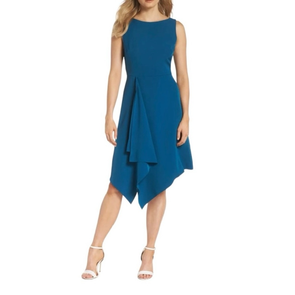 Vince Camuto Teal Laguna Crepe Asymmetric Hem Fit & flare Dress size 4